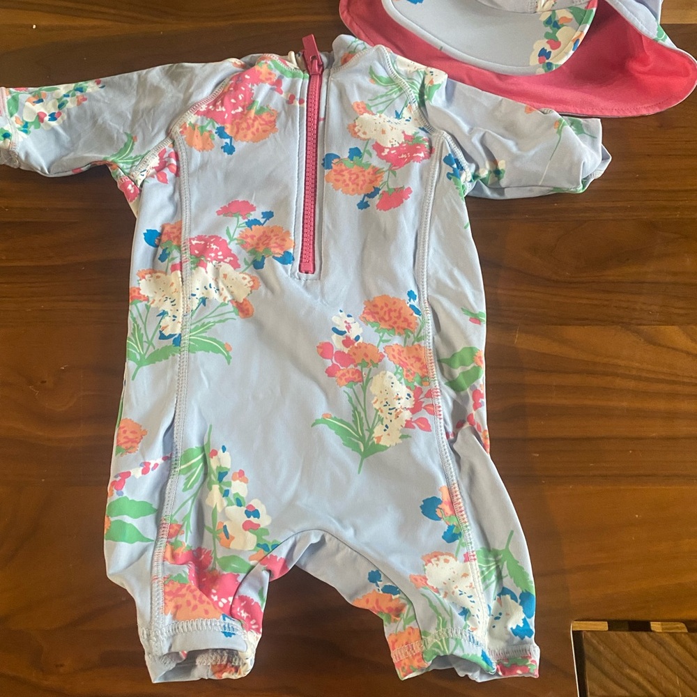 Joules 9-12 MOS Toddler Pastel Blue Floral Rashguard Swimsuit
